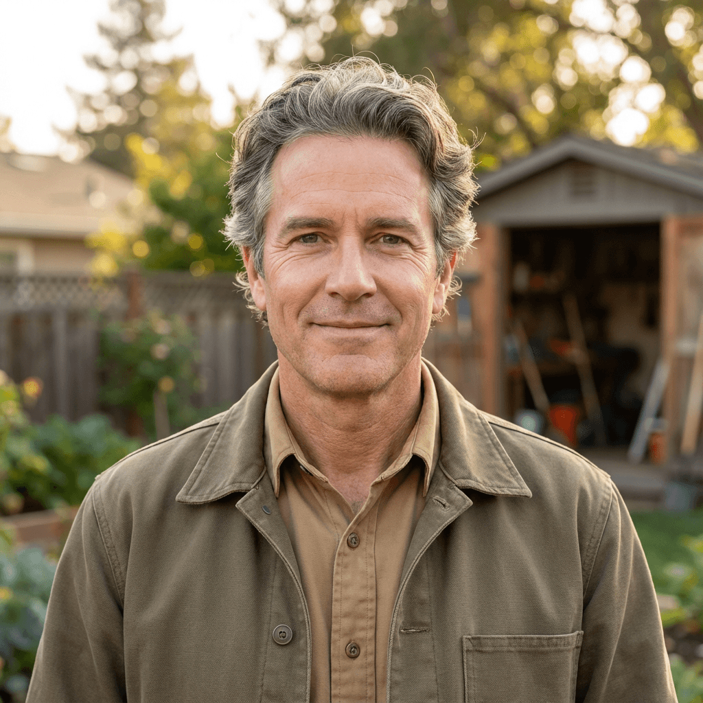 Male homeowner in his early 50s, White, smiling and satisfied in casual outdoor clothing