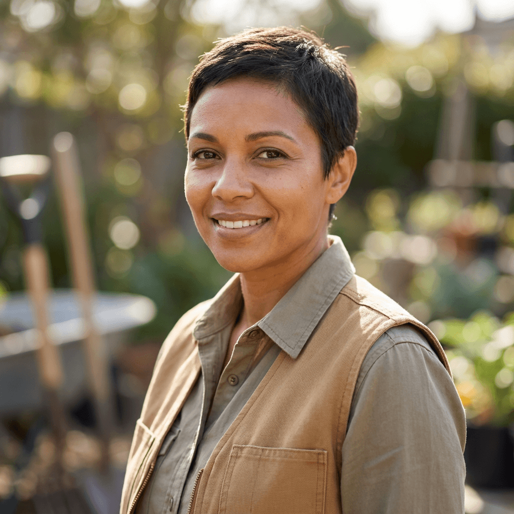 Female homeowner in her mid 40s, White, relaxed and happy with a warm expression