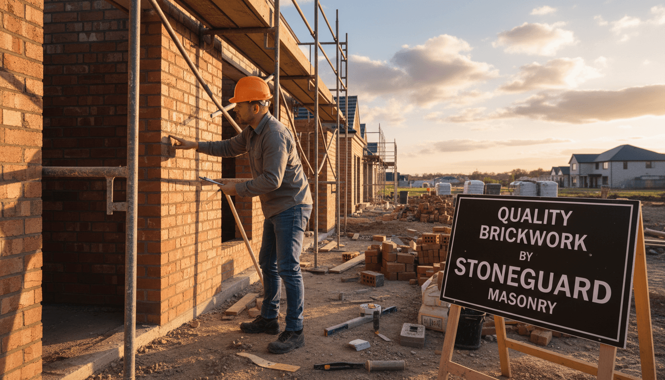 Masonry contractor inspecting brick wall at a residential construction site