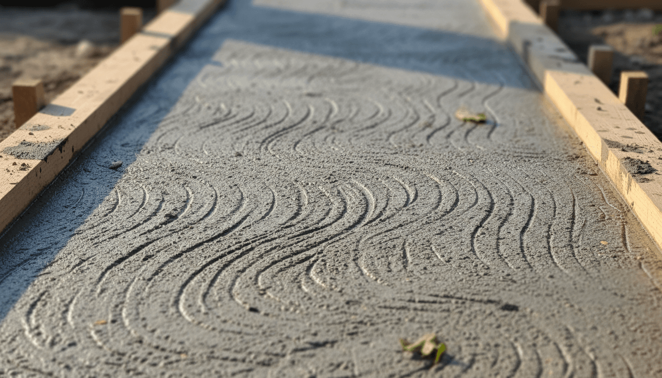 Freshly poured concrete walkway featuring decorative wavy textures framed by wooden boards in bright sunlight.