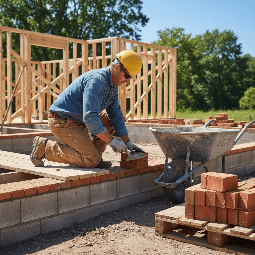 Kneeling construction worker in a yellow hard hat laying red bricks on a house foundation.