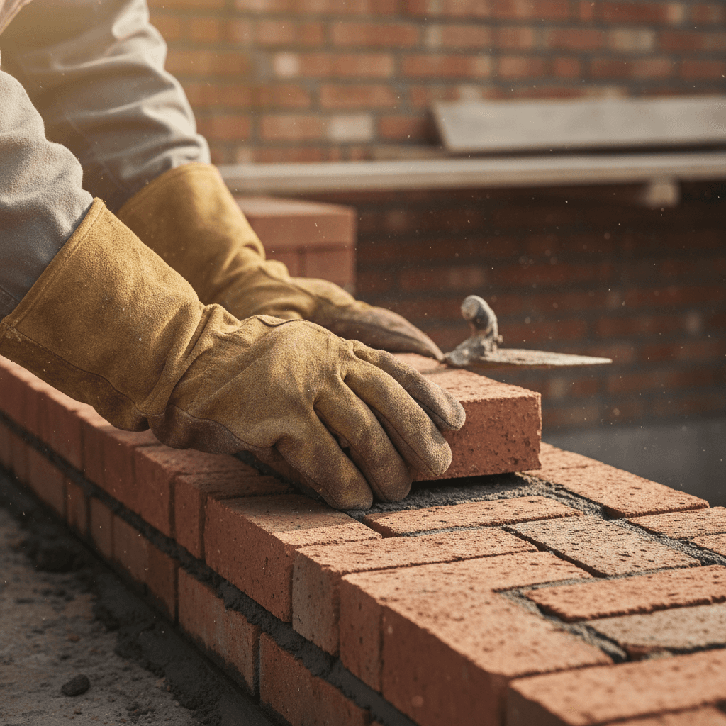 Mason laying bricks on a wall at a residential job site