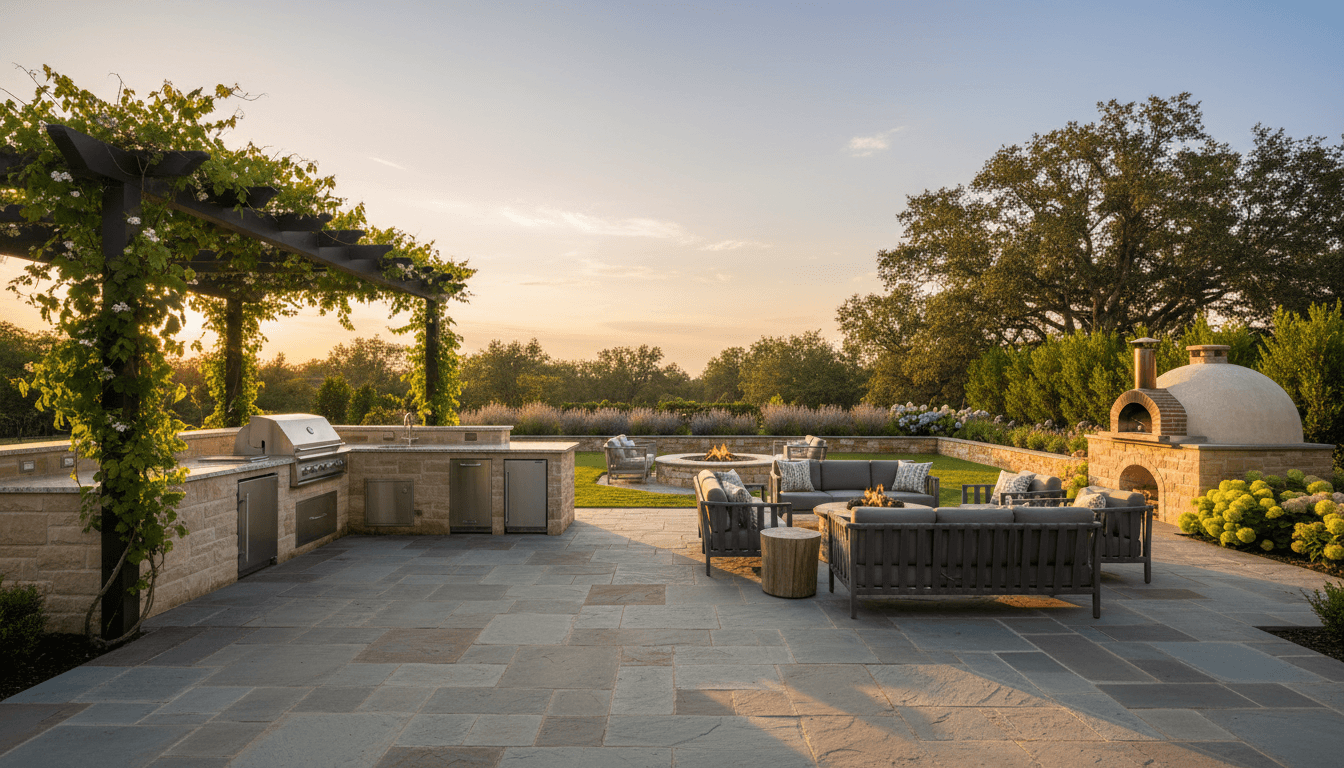 Paver patio with a seating wall and outdoor fireplace