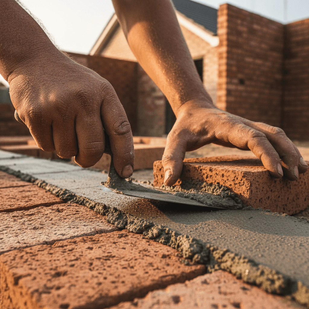 Close up of a brick wall being built with a trowel