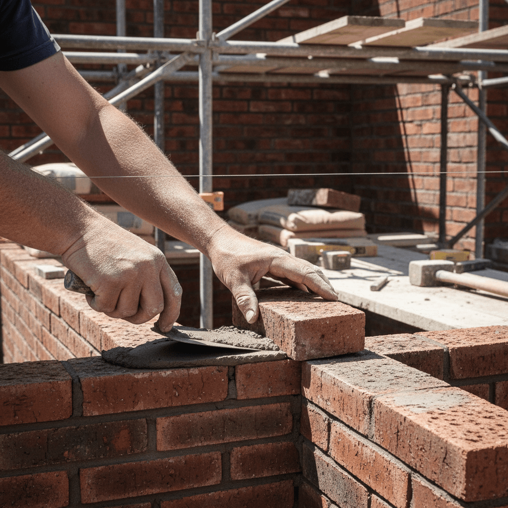 Masonry contractor using a level on a brick wall at a residential job site