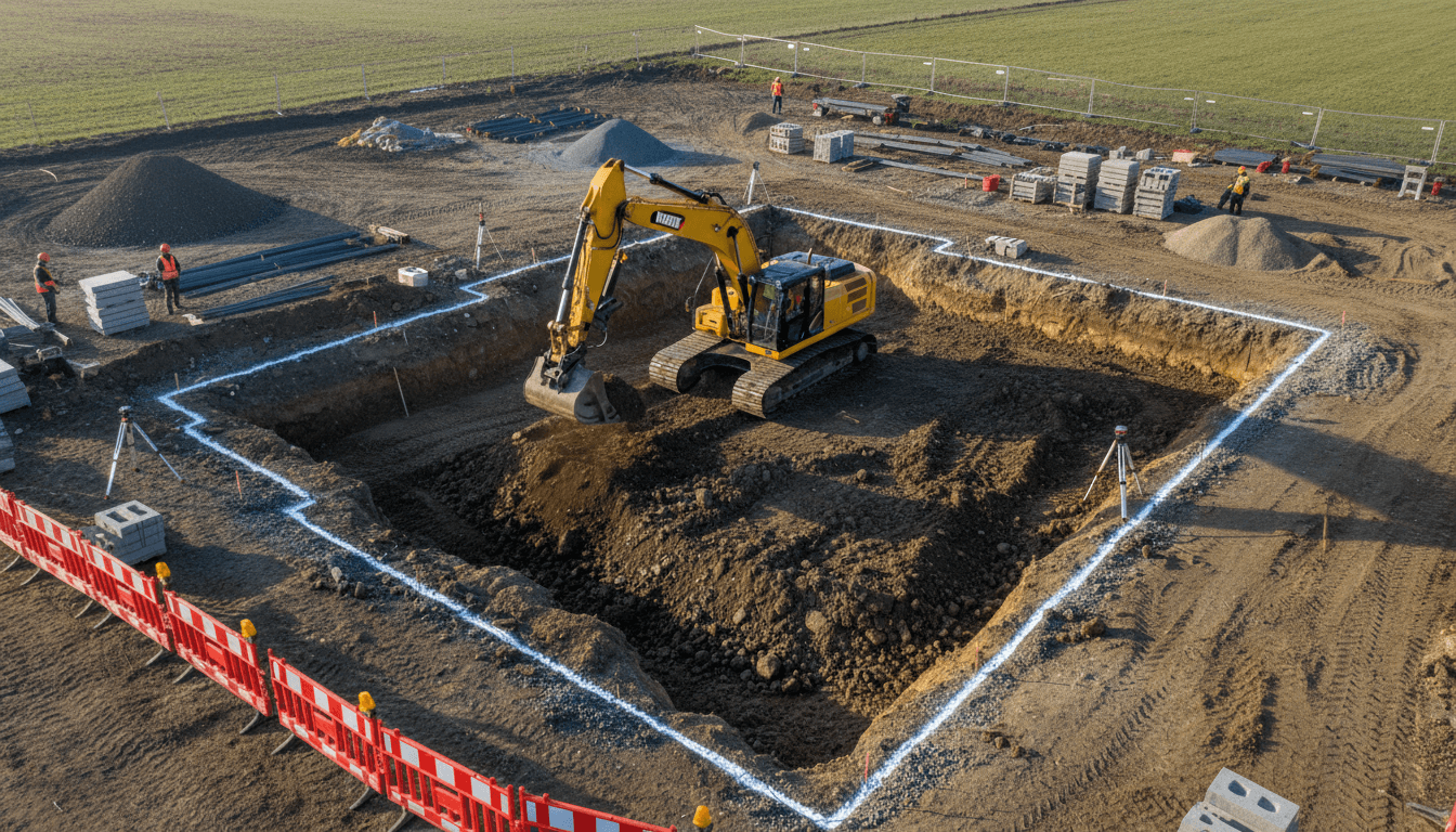 Excavator digging a foundation trench on a job site
