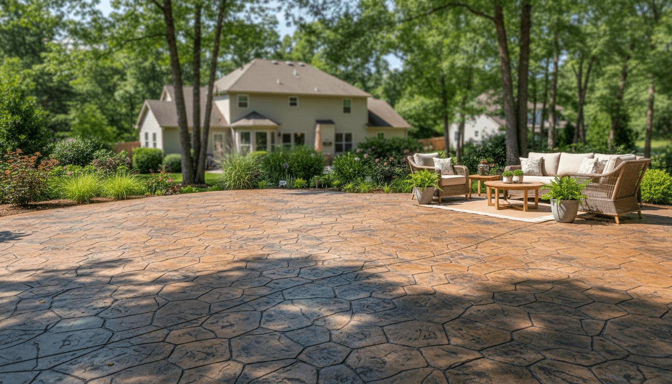 Finished stamped concrete patio with a stone fireplace