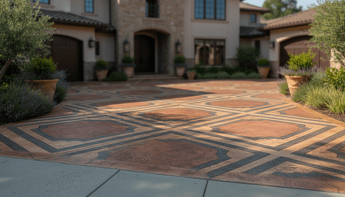 Stamped concrete driveway with a decorative pattern