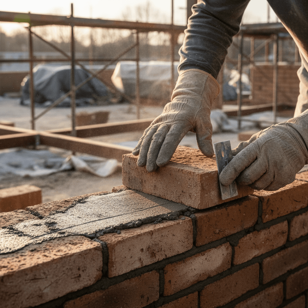 Close-up of hands laying red bricks in a neat row