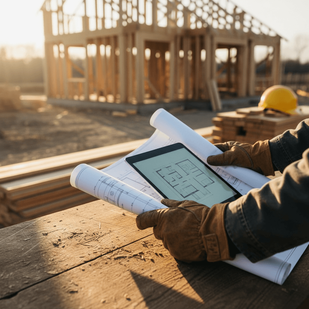 Masonry contractor reviewing blueprints at a residential job site