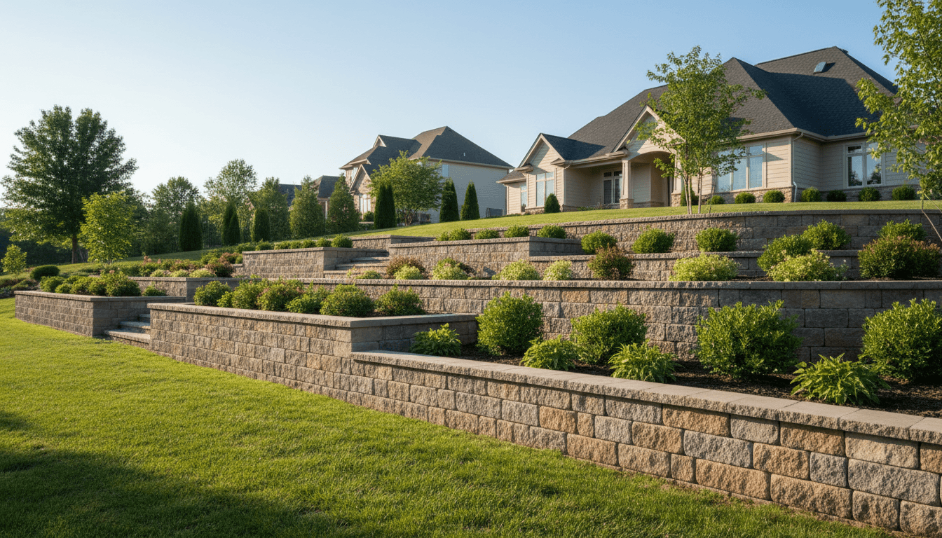 Concrete block retaining wall holding back a planted slope