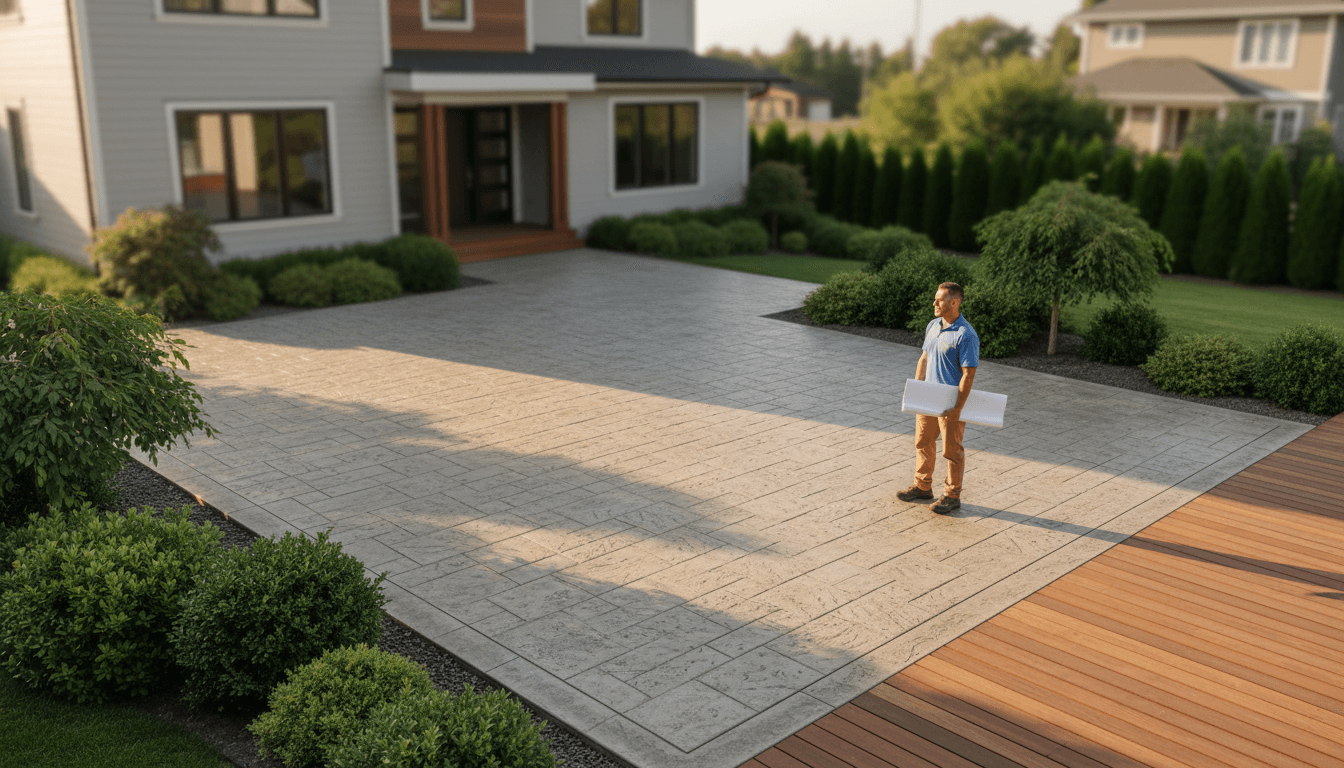 Freshly poured stamped concrete patio in a backyard